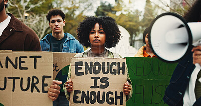 Buy stock photo Portrait, students and megaphone with sign for protest, climate change and pollution impact. People, bullhorn and college rally with poster for attention, recycling awareness and global warming risk