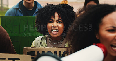 Buy stock photo Protest, portrait and woman with poster, environment and earth day with climate change. People, group and activism with cardboard, screaming or support for sustainable world, action or stop pollution