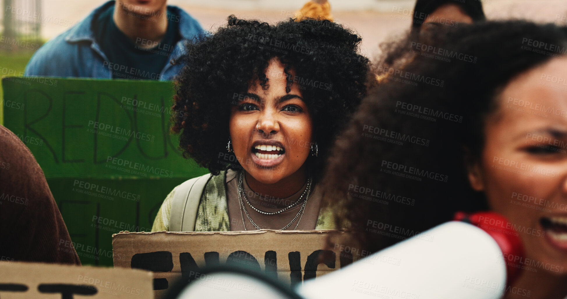 Buy stock photo Protest, portrait and woman with poster, environment and earth day with climate change. People, group and activism with cardboard, screaming or support for sustainable world, action or stop pollution