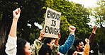 Sign, park and protest with people for environment, stop pollution or go green. Outdoor, students or rally with poster for climate change, sustainability or fist for demonstration with call to action