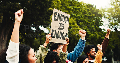 Buy stock photo Sign, park and protest with people for environment, stop pollution or go green. Outdoor, students or rally with poster for climate change, sustainability or fist for demonstration with call to action