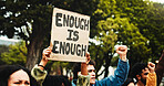 People, students and protest with billboard outdoor for climate change of pollution impact. Society, warning and college rally with poster for attention, recycling awareness and global warming risk