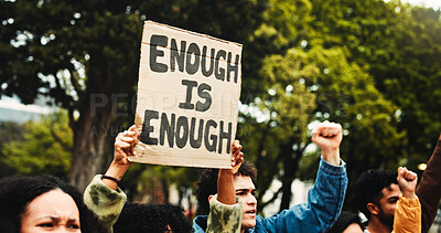 Buy stock photo People, students and protest with billboard outdoor for climate change of pollution impact. Society, warning and college rally with poster for attention, recycling awareness and global warming risk