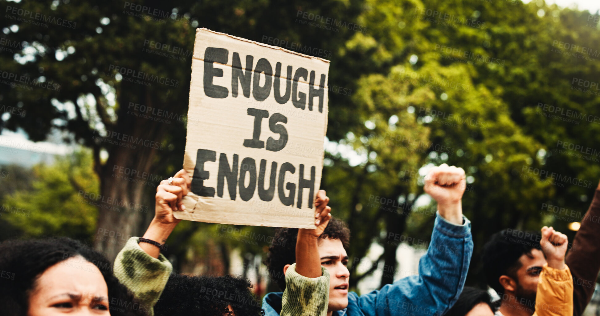 Buy stock photo People, students and protest with billboard outdoor for climate change of pollution impact. Society, warning and college rally with poster for attention, recycling awareness and global warming risk