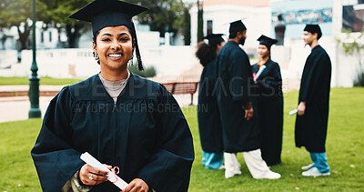Buy stock photo Woman, graduation and outdoor with certificate at university, celebration or portrait at campus. Person, college student and happy for success, achievement or diploma for excellence award at academy