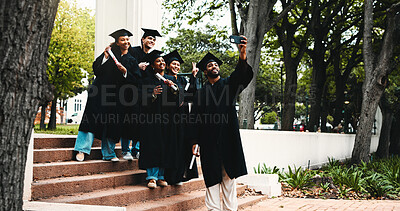 Buy stock photo Graduation, happy and students outdoor for selfie, social media post and academic success on steps. People, diploma and excited at university for photography, friends memory and campus blog update