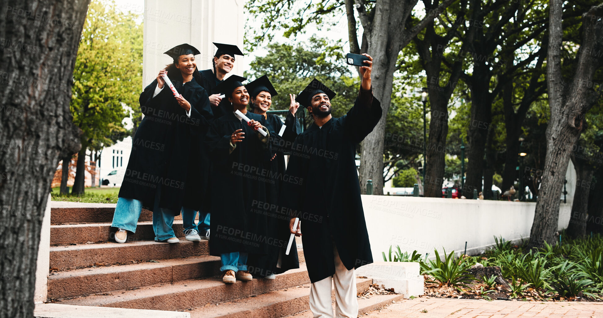 Buy stock photo Graduation, happy and students outdoor for selfie, social media post and academic success on steps. People, diploma and excited at university for photography, friends memory and campus blog update