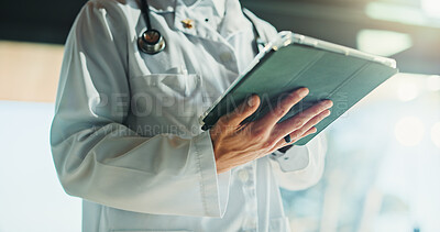 Buy stock photo Hands, doctor and person with tablet for medical info, patient history or telehealth in clinic. Tech, healthcare worker and report in hospital for insurance records, wellness email or research