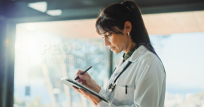 Buy stock photo Pen, doctor and woman with tablet for healthcare info, report or telehealth in clinic. Technology, medical and mature person with stylus in hospital with insurance records, email or research online