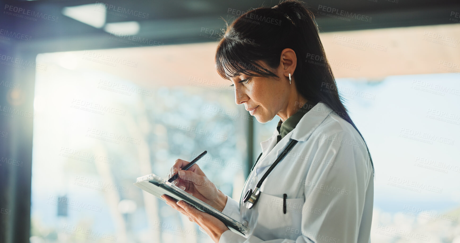 Buy stock photo Pen, doctor and woman with tablet for healthcare info, report or telehealth in clinic. Technology, medical and mature person with stylus in hospital with insurance records, email or research online