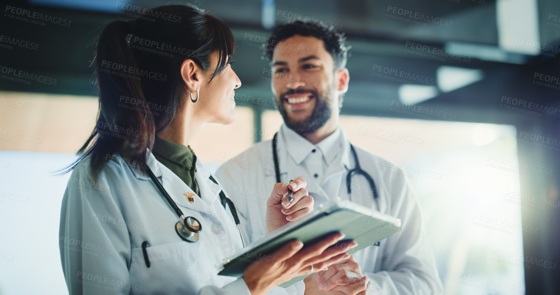 Buy stock photo Smile, people and doctor with tablet in hospital for discussion, medical results and feedback. Staff, team and digital for research, surgery schedule and healthcare information for diagnosis report