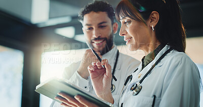 Buy stock photo Happy, people and doctor with tablet in hospital for discussion, medical results and feedback. Team, reading and digital for research, surgery schedule and healthcare information for diagnosis report