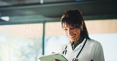 Buy stock photo Happy, doctor and woman with tablet for medical info, patient history or telehealth in clinic. Tech, healthcare and mature person in hospital with insurance records, wellness email or research