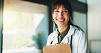 Portrait, doctor and woman with clipboard, smile and hospital policy with prescription. Happy person, medical service or employee with documents, insurance info or checklist with schedule or planning