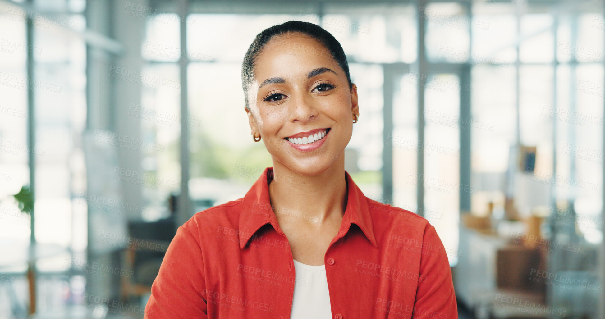 Buy stock photo Portrait, employee and woman with smile in office, journalist and internship for career development. Trainee, reporter and African person with experience opportunity, media and confident in newsroom