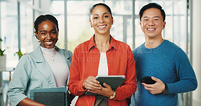 Buy stock photo Portrait, team and people with tech, office or happy for story opportunity, journalists and creative. Group, diversity and colleagues with smile for career growth, media and collaboration in newsroom