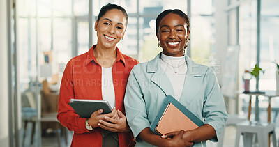 Buy stock photo Portrait, team and women with tech, office or happy for story opportunity, journalists and creative. Confident, reporters and people with smile for career growth, media and collaboration in newsroom