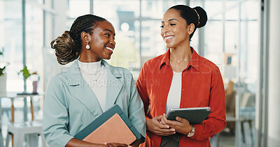 Buy stock photo Media agency, tablet and women in office, teamwork and conversation with feedback for article. People, employees and journalists with discussion, smile and review for submission, planning or schedule