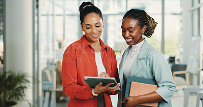 Buy stock photo Media agency, tablet and women in office, internet and conversation with feedback for article. People, teamwork and journalists with smile, connection and review for submission, app or online reading