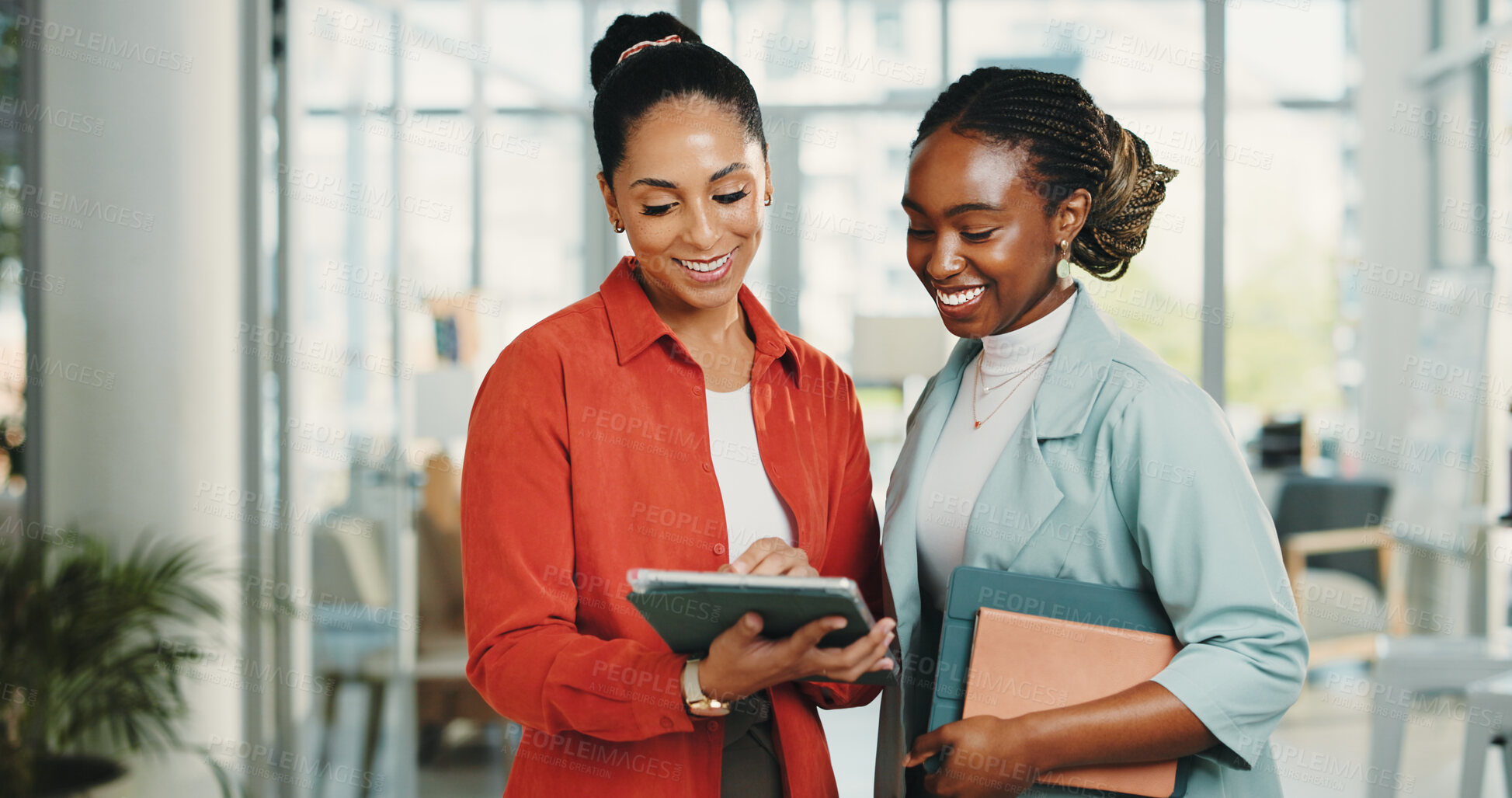 Buy stock photo Media agency, tablet and women in office, internet and conversation with feedback for article. People, teamwork and journalists with smile, connection and review for submission, app or online reading
