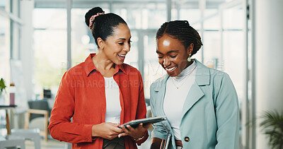 Buy stock photo Media agency, tablet and women in office, smile and conversation with feedback for submission. Happy people, schedule and journalists with discussion, internet and review for publication and planning