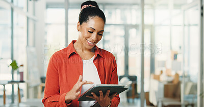 Buy stock photo Business woman, tablet and smile in office with internet, creative agency or copywriting. Person, journalist or magazine editor with proofreading, tech and online reading or research for news report