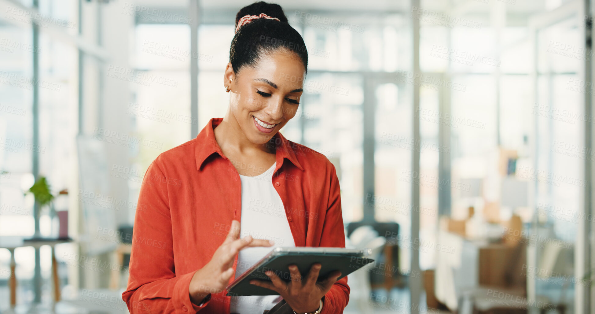 Buy stock photo Business woman, tablet and smile in office with internet, creative agency or copywriting. Person, journalist or magazine editor with proofreading, tech and online reading or research for news report