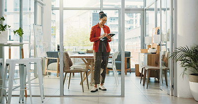 Buy stock photo Business, woman and reading with tablet in office for research, draft update and story submission. Smile, journalist and digital for proofreading, editing article and editor feedback for publication