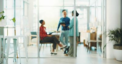 Buy stock photo People, tablet and startup team at office meeting with discussion, planning and blur at media company. Group, man and women with glass, tech and review with application for project at creative agency
