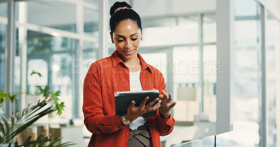 Buy stock photo Business woman, tablet and feedback in office with internet, creative agency or copywriting. Person, journalist or magazine editor with proofreading, tech and article or research for news report