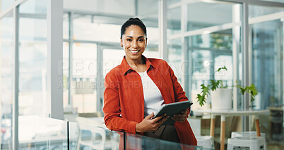 Buy stock photo Portrait, employee and woman with tablet in office, journalist and internship for career development. Trainee, reporter and African person with experience opportunity, media and confident in newsroom