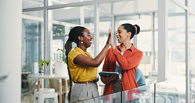 Buy stock photo Tablet, business women and high five in office for success, achievement and target. Happy team, technology and celebration for milestone, support or creative goal with good news in startup company