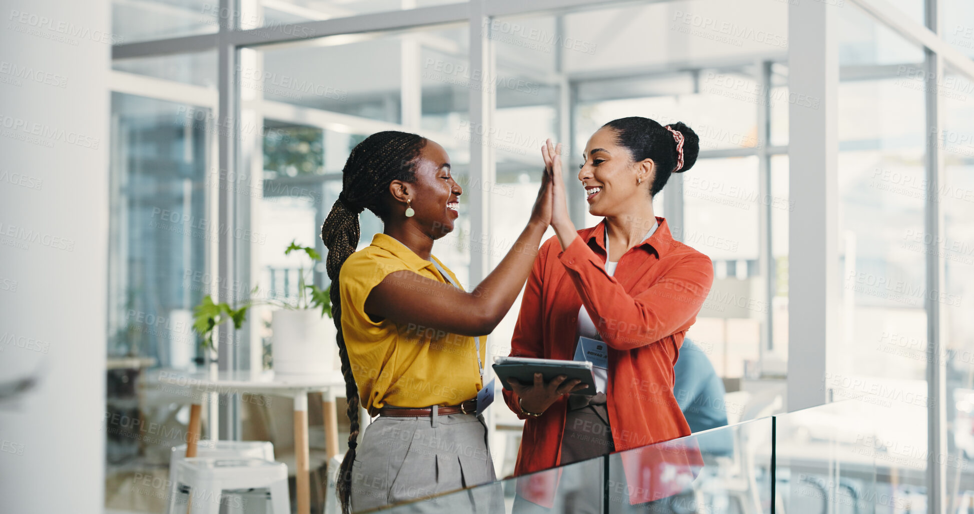 Buy stock photo Tablet, business women and high five in office for success, achievement and target. Happy team, technology and celebration for milestone, support or creative goal with good news in startup company