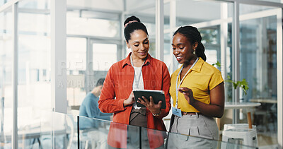 Buy stock photo Media agency, tablet and women in office, planning and internet with feedback for news report. People, creativity or journalists with discussion, smile and review for submission, proposal or schedule