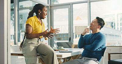 Buy stock photo Woman, man and discussion at startup, planning and listen for review, excited or team at media company. People, explain and talk with report, insight and collaboration in office at creative agency