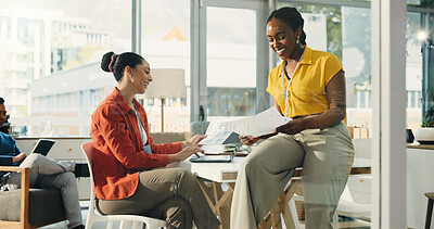 Buy stock photo Women, team and documents at startup, happy and talk for review, laptop or planning at media company. People, computer and smile with report, insight or collaboration in office at creative agency