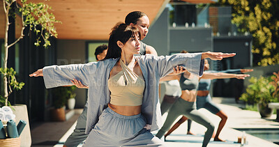 Buy stock photo Fitness, yoga class or coach in resort with stretching, motivation or performance in body wellness. Pilates, warrior or instructor outdoor with mobility, muscle or joint improvement in group practice