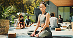 Portrait, relax and yoga instructor outdoor for teaching class, demonstration or lesson to students. Exercise, wellness or zen and personal trainer in session with people for balance or inner peace