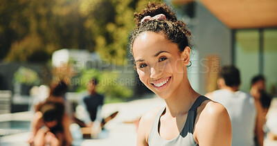 Buy stock photo Portrait, smile and yoga instructor outdoor for teaching students in class for group retreat. Fitness, wellness or zen and happy personal trainer in session with people for balance or inner peace