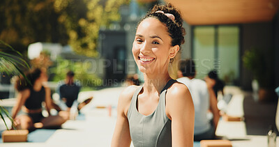 Buy stock photo Fitness, portrait and yoga instructor outdoor for teaching class, demonstration or lesson to students. Smile, wellness or zen and personal trainer at retreat with people for balance or inner peace