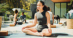 Relax, fitness and woman at yoga class outdoor with break, calm or peace at wellness retreat. Zen, rest and female person at pilates session for health, self care or balance on mindfulness holiday.