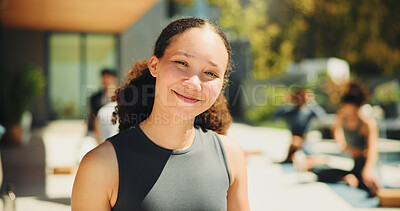 Buy stock photo Portrait, relax and yoga instructor outdoor for teaching class, demonstration or lesson to students. Fitness, smile or wellness and personal trainer in session with people for balance or inner peace