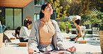Yoga, woman outdoor or meditation with lotus pose for spiritual awareness, chakra healing or wellness. Zen, person and mindfulness exercise at resort for inner peace, holistic health or soul cleanse.