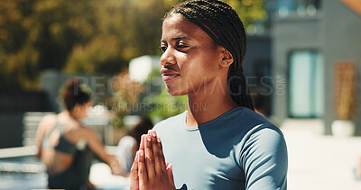 Buy stock photo Outdoor, meditation and woman with mindfulness, namaste and spiritual for self awareness and health. Zen, person and class for inner peace, chakra or stress relief with faith at wellness center