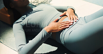 Buy stock photo Hands, woman and abdomen outdoor for yoga with gut health, weight loss and break for recovery. Female person, relaxing and stomach with healthy body, pilates progress and fitness results for wellness