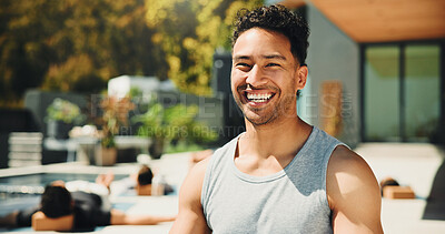 Buy stock photo Portrait, trainer or happy man with outdoor yoga class at resort, health or body wellness practice. Join us, pilates session or confident coach with laugh for fitness, holistic exercise or retreat