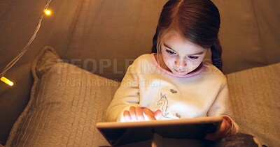 Buy stock photo Night, child and scroll with tablet in bedroom for ebook, reading fantasy and bedtime story. Late, girl and relax with digital tech in home for online fairytale, kids storytelling app and literature.