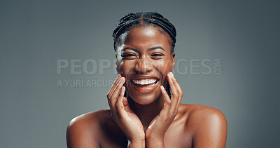 Buy stock photo Portrait, skincare and black woman in studio, funny and dermatology on gray background. Space, shine and African person with wellness, glow and beauty with cosmetics, healthy skin, humor and laughing