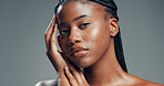 Portrait, beauty and black woman in studio, shine and dermatology on gray background. Space, cosmetics and African person with wellness, glow and skincare with healthy skin, foundation and aesthetic