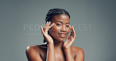 Buy stock photo Happy, black woman and skincare portrait in studio for acne treatment results, glow and hydration. Space, person and smile on gray background for healthy skin, natural beauty and dermatology